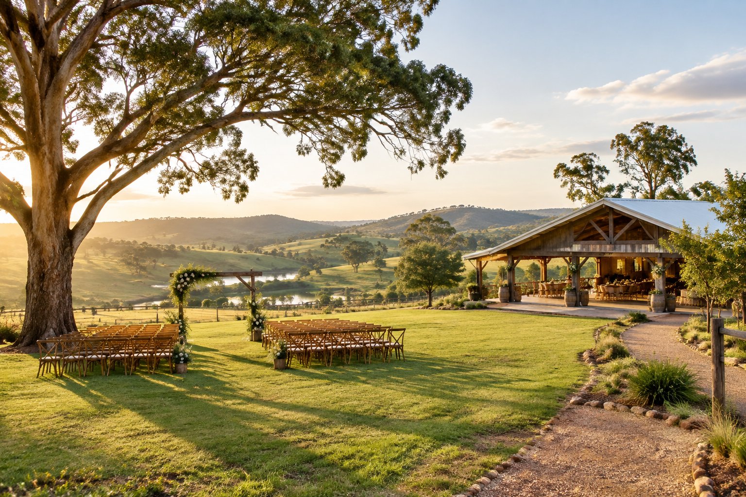 A scenic Queensland countryside wedding venue with rolling green hills, eucalyptus trees, a rustic pavilion, and an outdoor ceremony area.