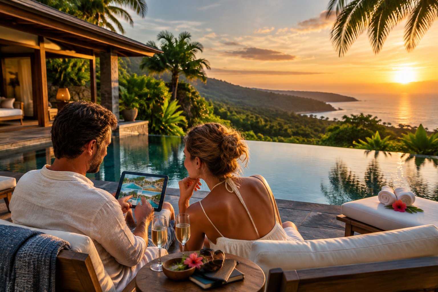 A couple considers resort options beside a private infinity pool overlooking a lush Costa Rican rainforest and coastline.