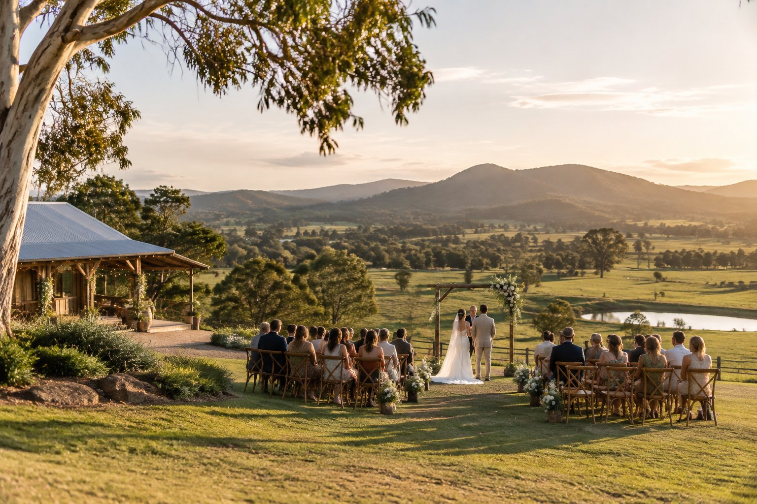 An outdoor wedding ceremony at a rural Queensland venue surrounded by green hills, eucalyptus trees, and farmland.