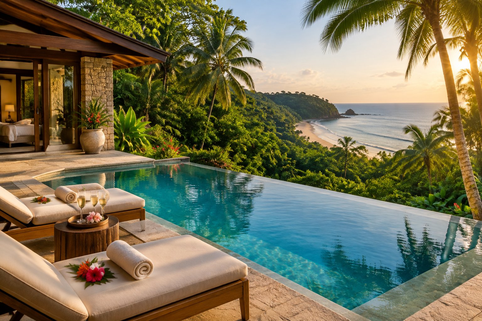 A private infinity pool at a tropical Costa Rican resort overlooks lush jungle, a sandy beach, and the blue ocean.