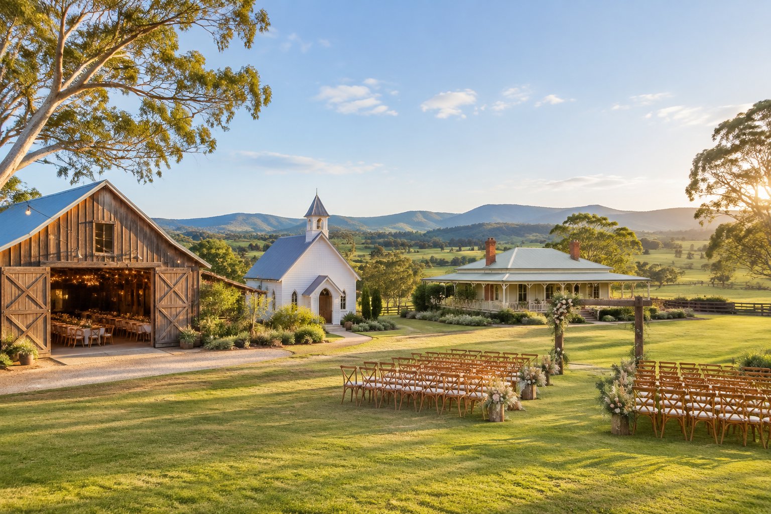 A rural Queensland wedding venue with a restored barn, small chapel, heritage homestead, ceremony chairs, and green farmland.