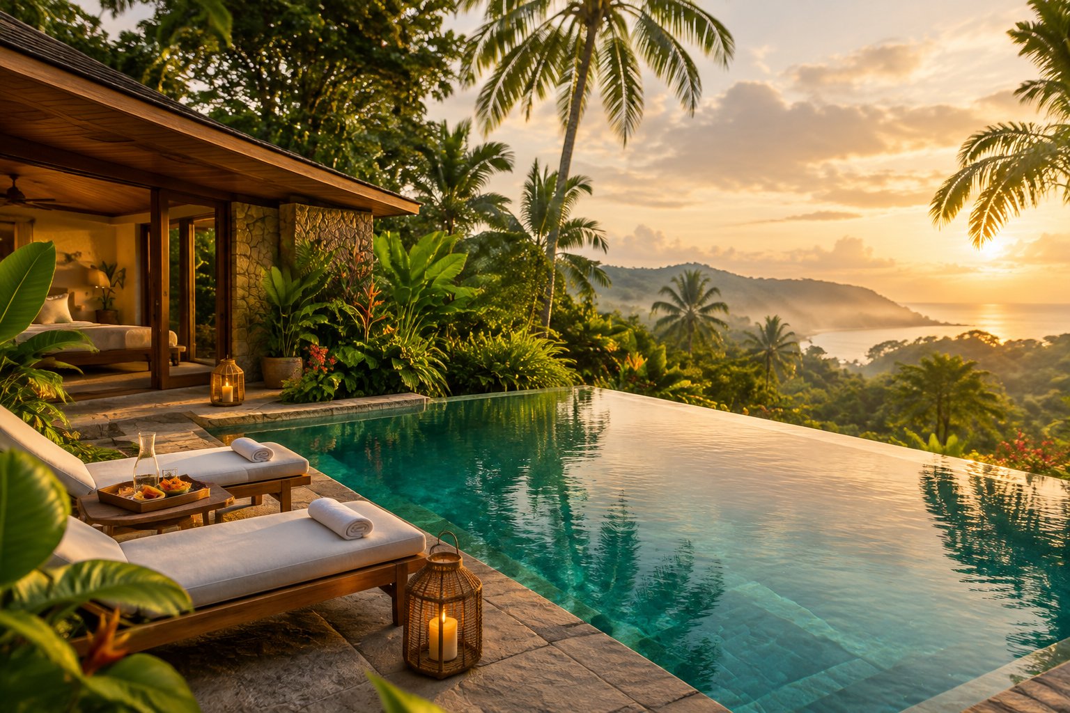 A secluded tropical villa with a private infinity pool surrounded by lush rainforest.