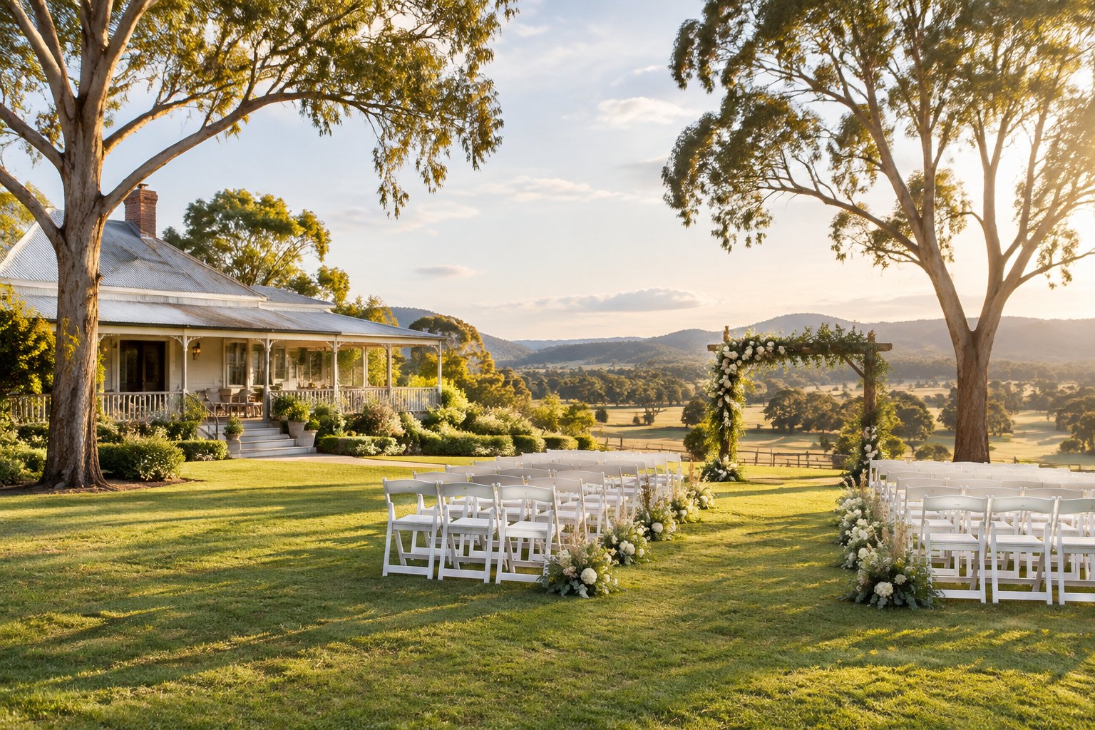 A decorated outdoor wedding ceremony area beside a heritage homestead in the Queensland countryside.