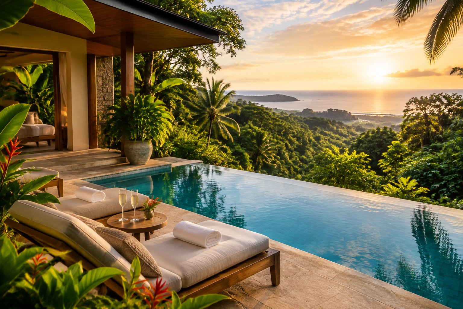 A secluded Costa Rican resort villa with a private infinity pool surrounded by lush tropical greenery.