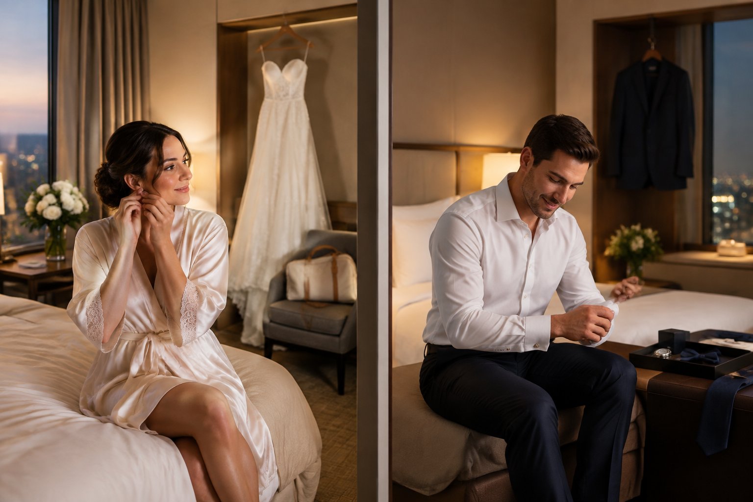 A bride and groom prepare for their wedding night in separate hotel rooms.