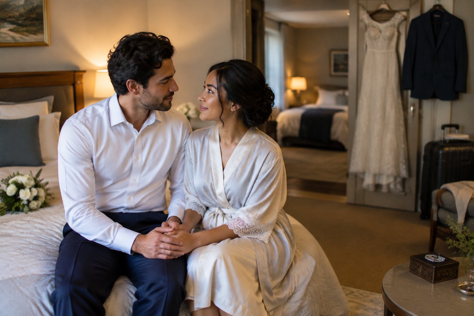 A couple in wedding attire thoughtfully sits together in a softly lit bedroom the evening before their wedding.