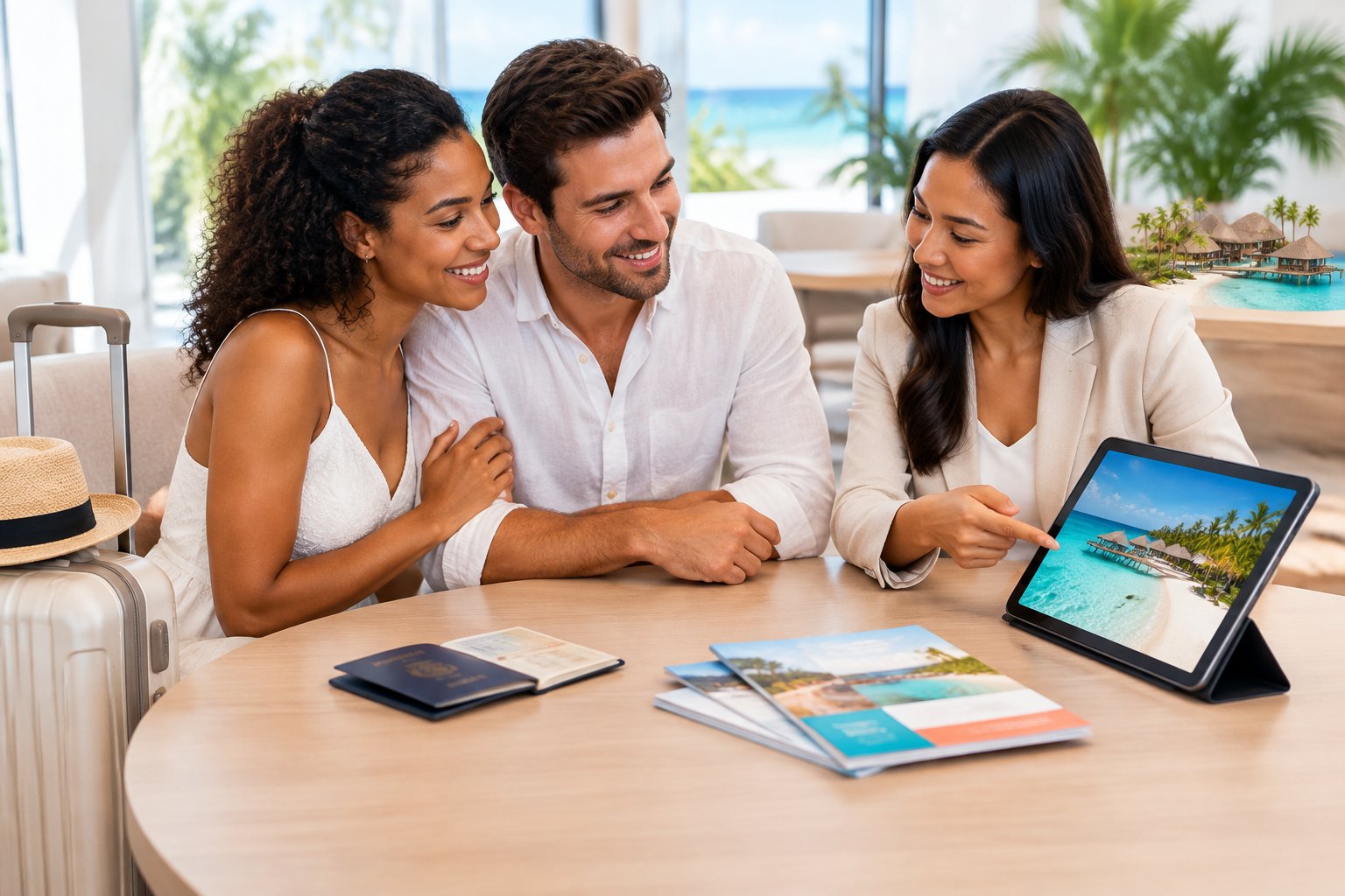 A smiling newlywed couple reviews a tropical honeymoon itinerary with a travel consultant beside luggage and a tablet showing a beach resort.