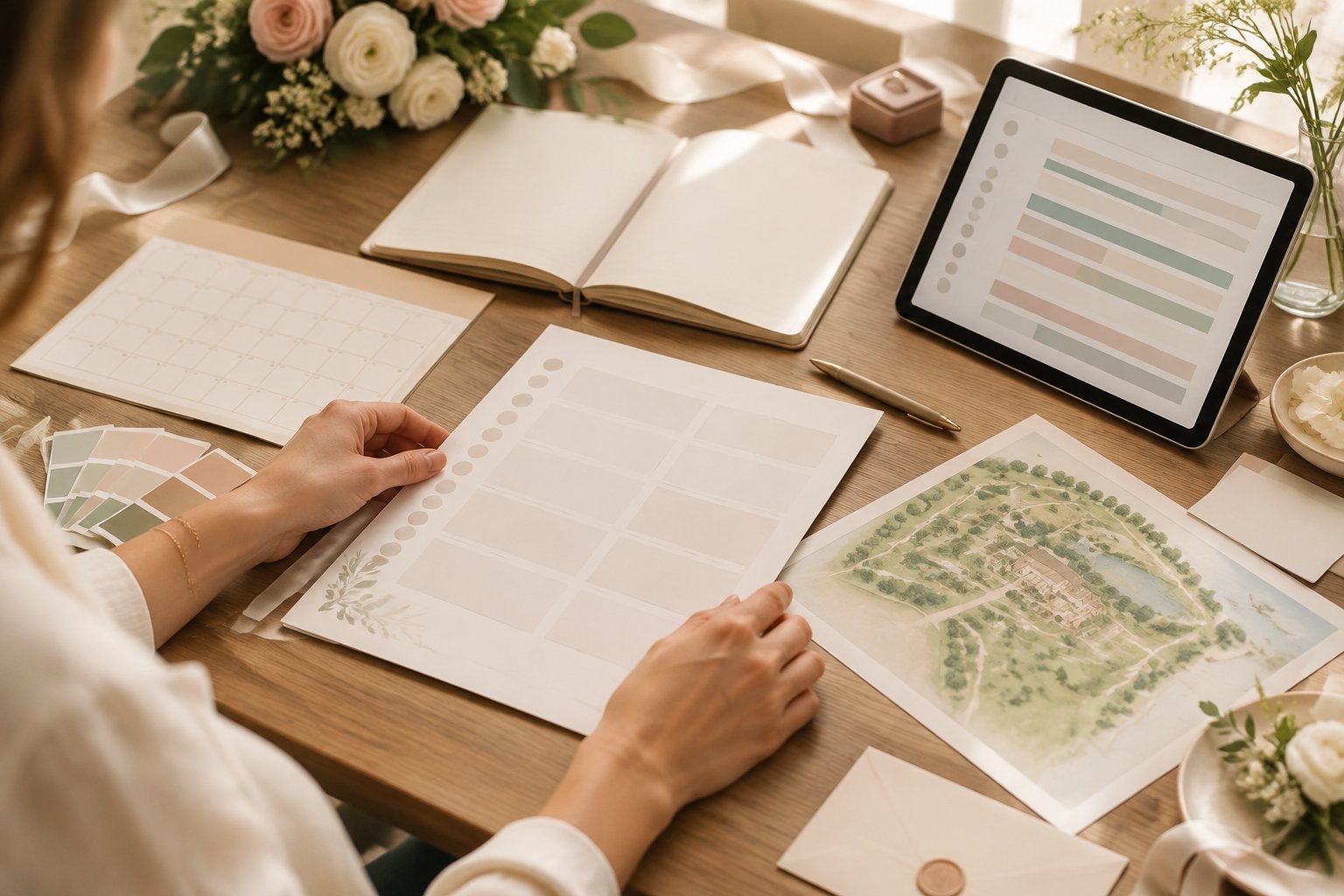 Hands arrange blank wedding planning materials and floral accents on an elegant desk.