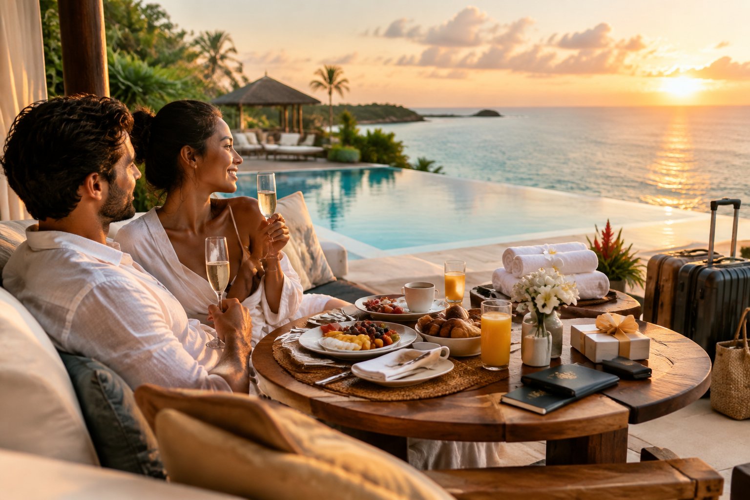 Newlywed couple enjoying breakfast and resort amenities on a tropical oceanfront balcony.