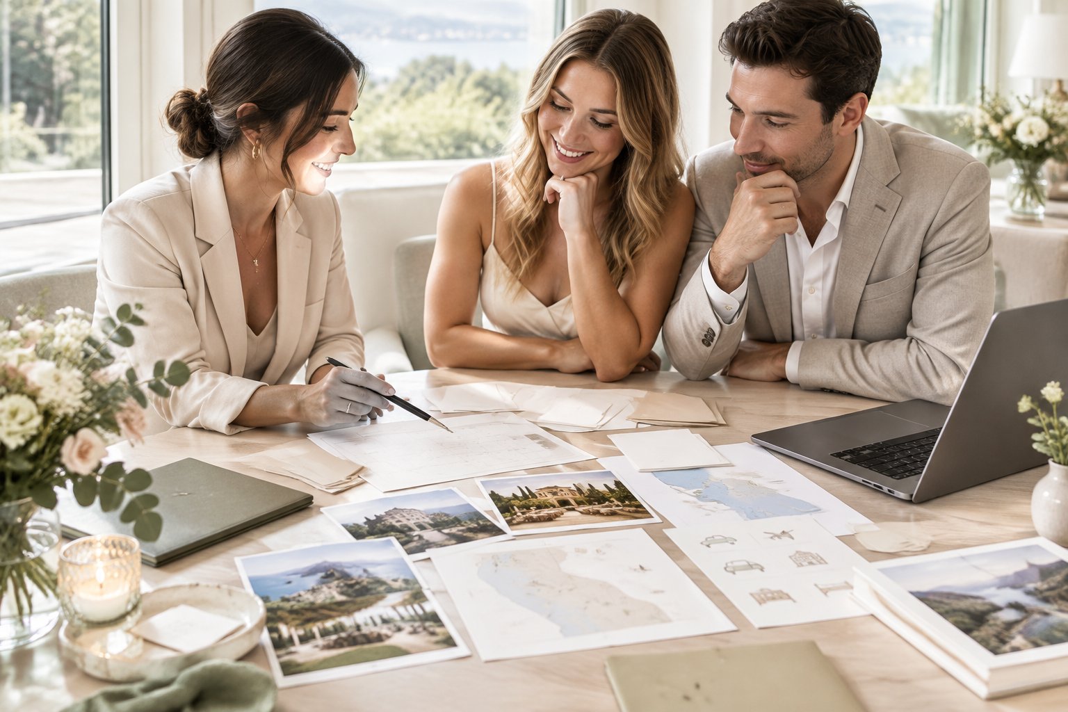 A couple and wedding planner organize a welcoming weekend schedule at an elegant planning table.