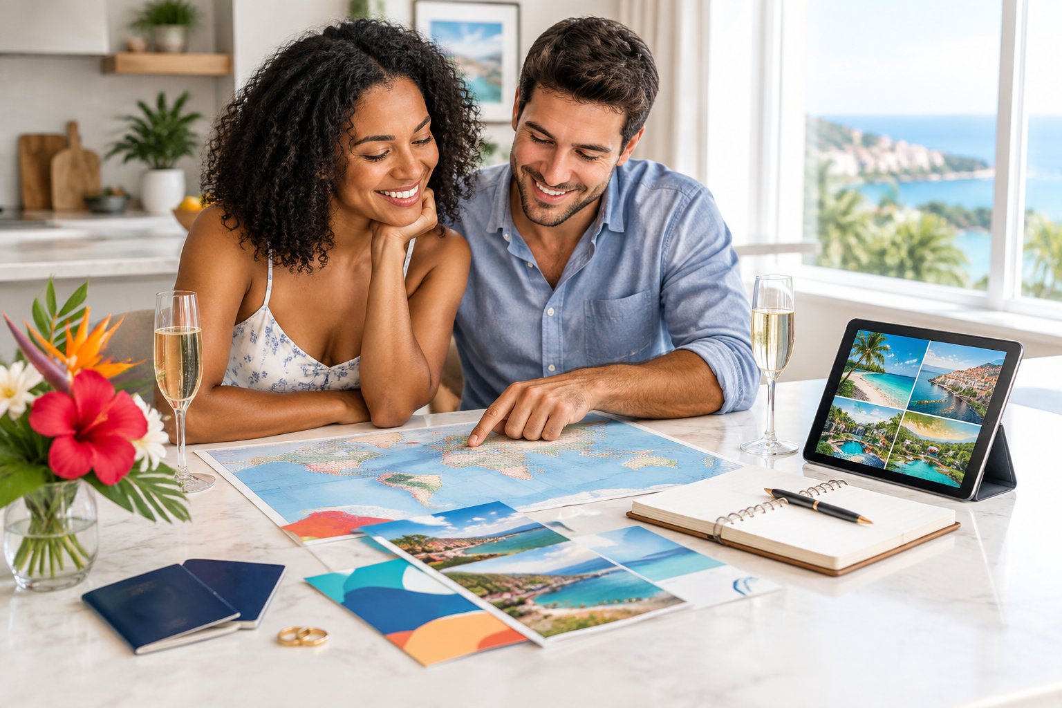 A newlywed couple compares honeymoon destinations at a table with a map, travel materials, and tropical flowers.