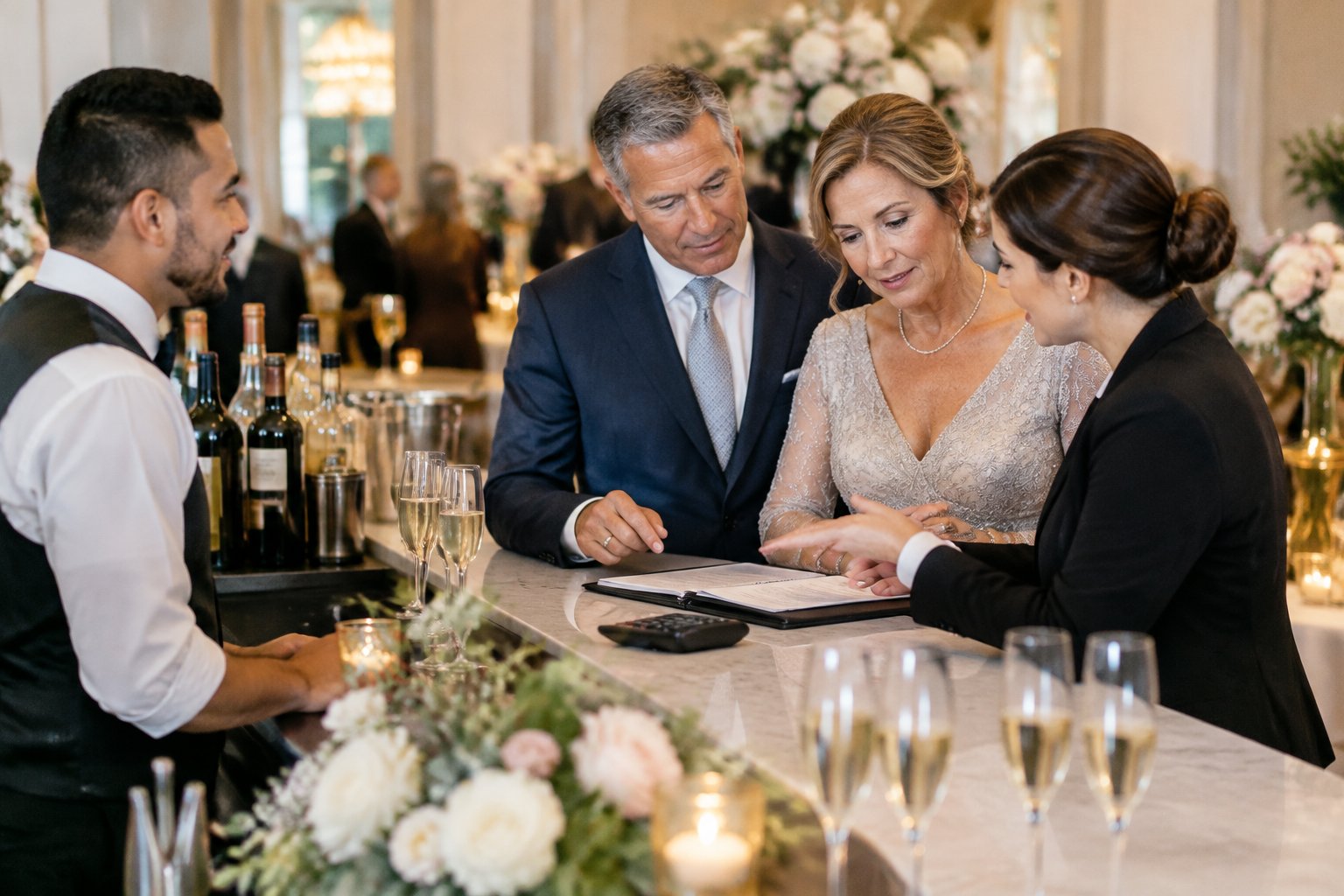 A mature couple discusses wedding bar arrangements with a bartender and wedding planner at an elegant reception.