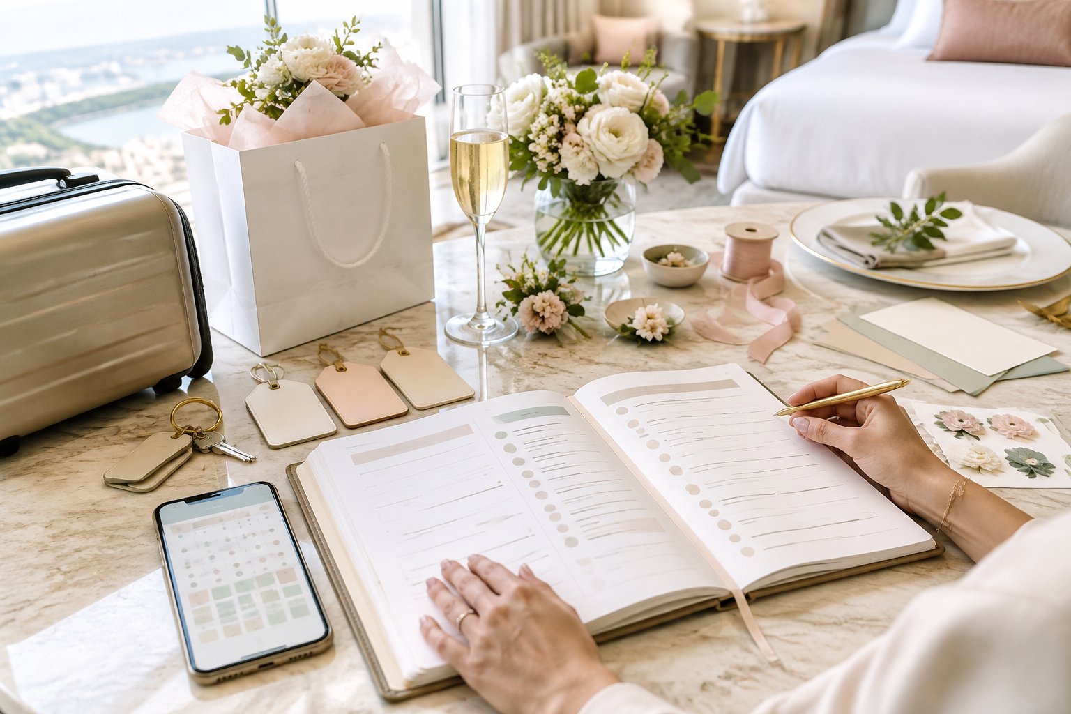 A wedding coordinator organizes arrival details and pre-wedding items on a planner beside luggage and floral accents.