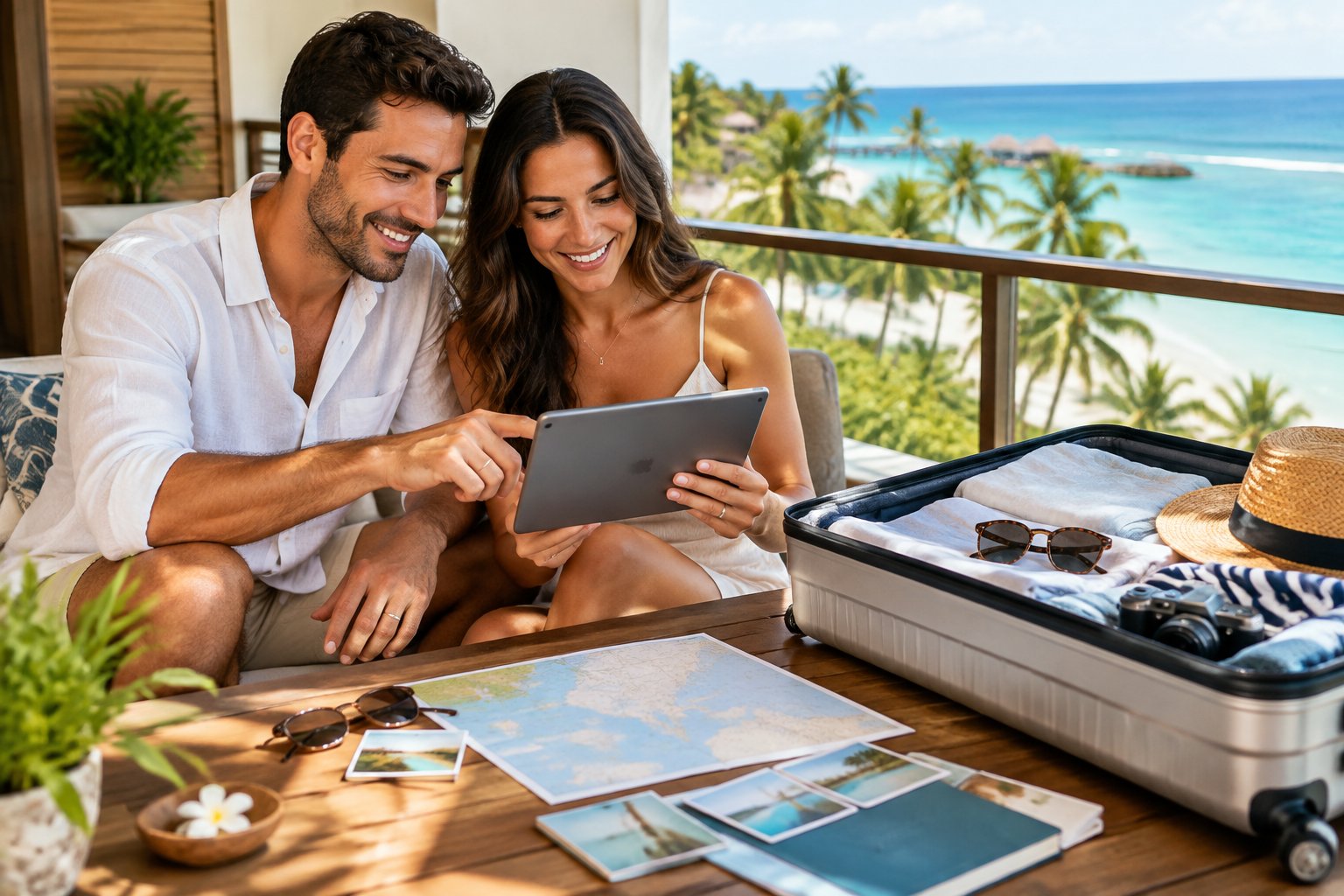 Newlywed couple planning a tropical honeymoon on a resort balcony.