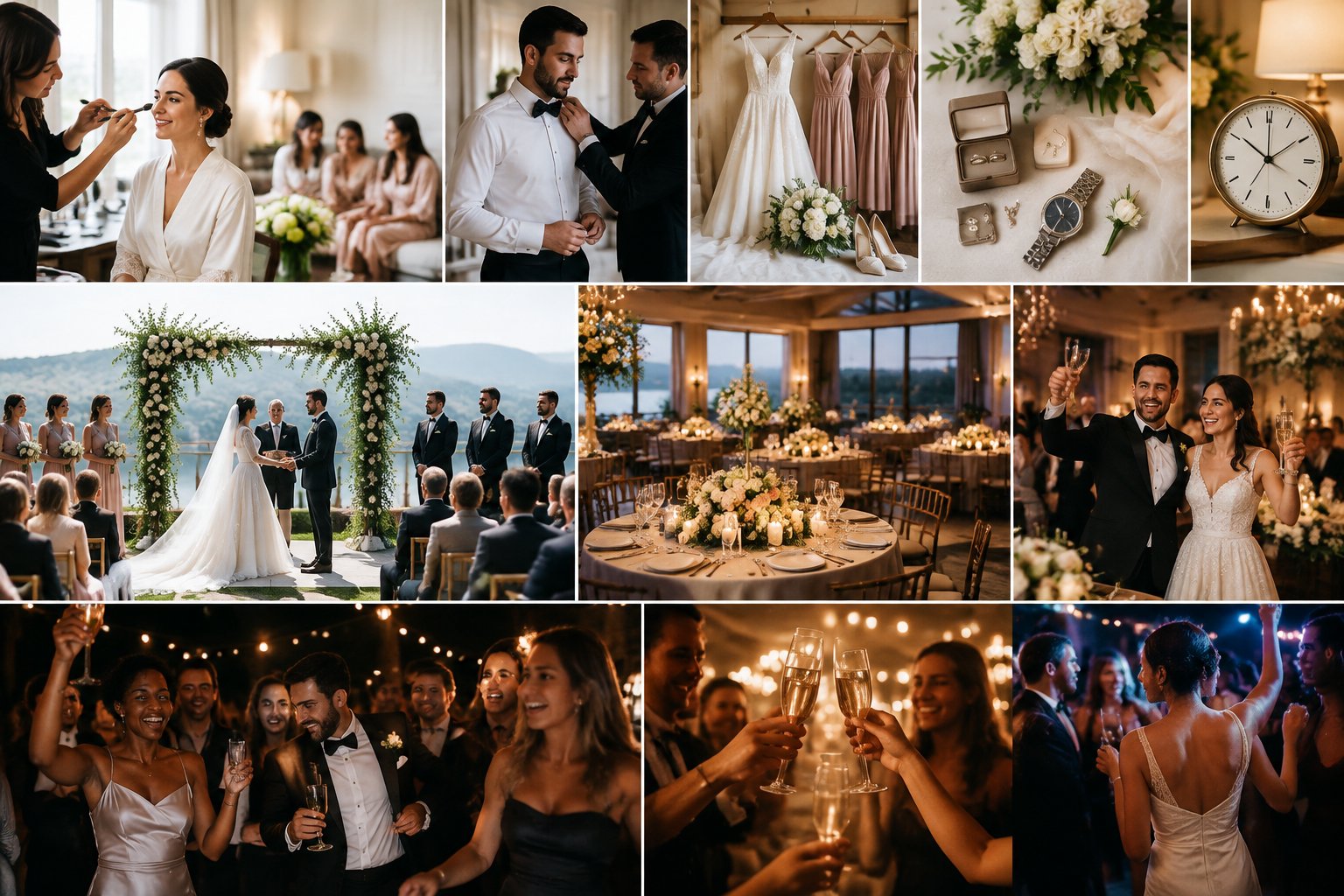 A wedding party prepares together before celebrating at a warmly lit reception and after-party.