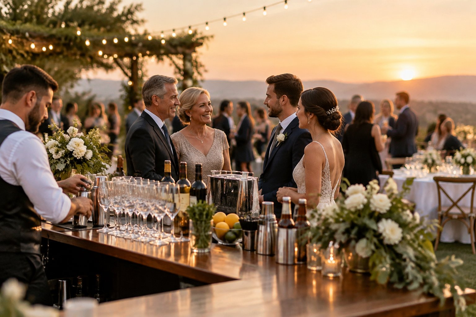 The groom’s parents discuss wedding reception plans with the couple beside an elegant open bar.