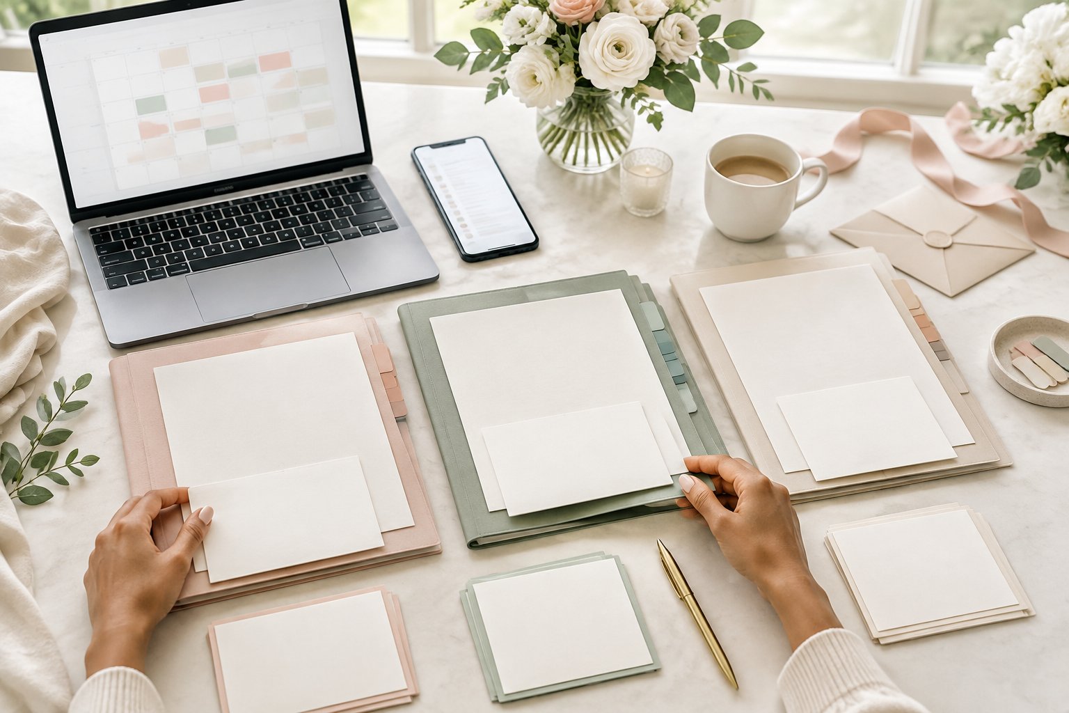 Wedding itinerary materials are organized into separate groups on a bright planning desk.