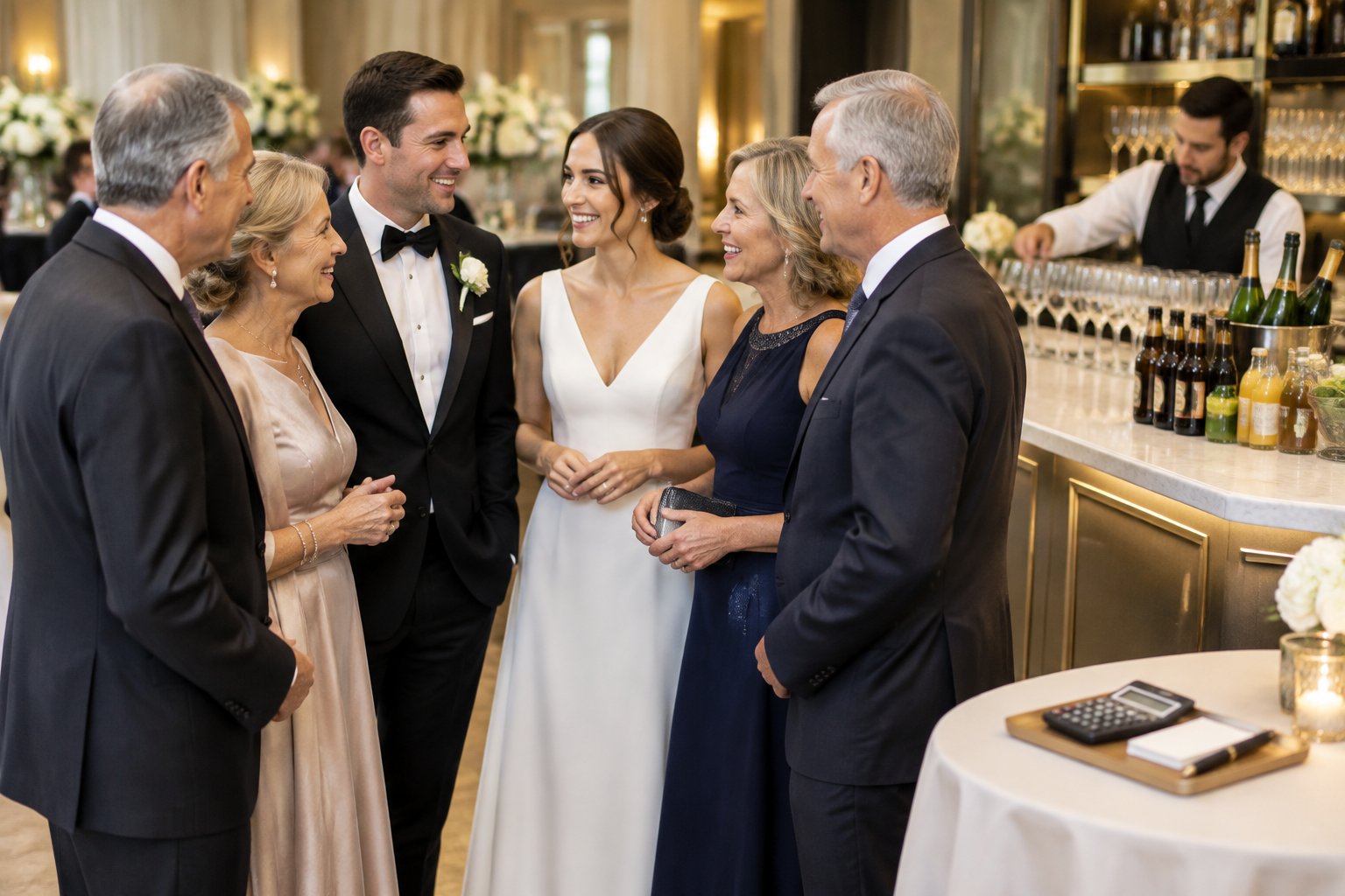 A couple and their parents discuss plans beside a wedding reception bar while a bartender arranges drinks.