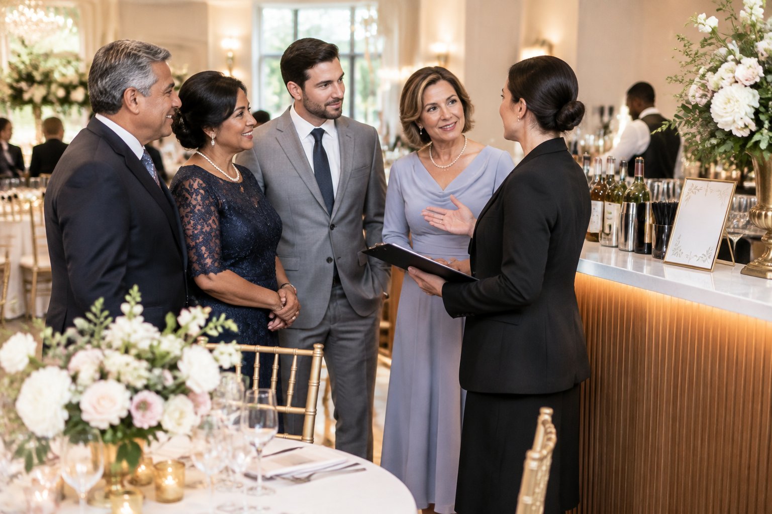 Family members discuss wedding bar arrangements with a venue coordinator at a decorated reception.