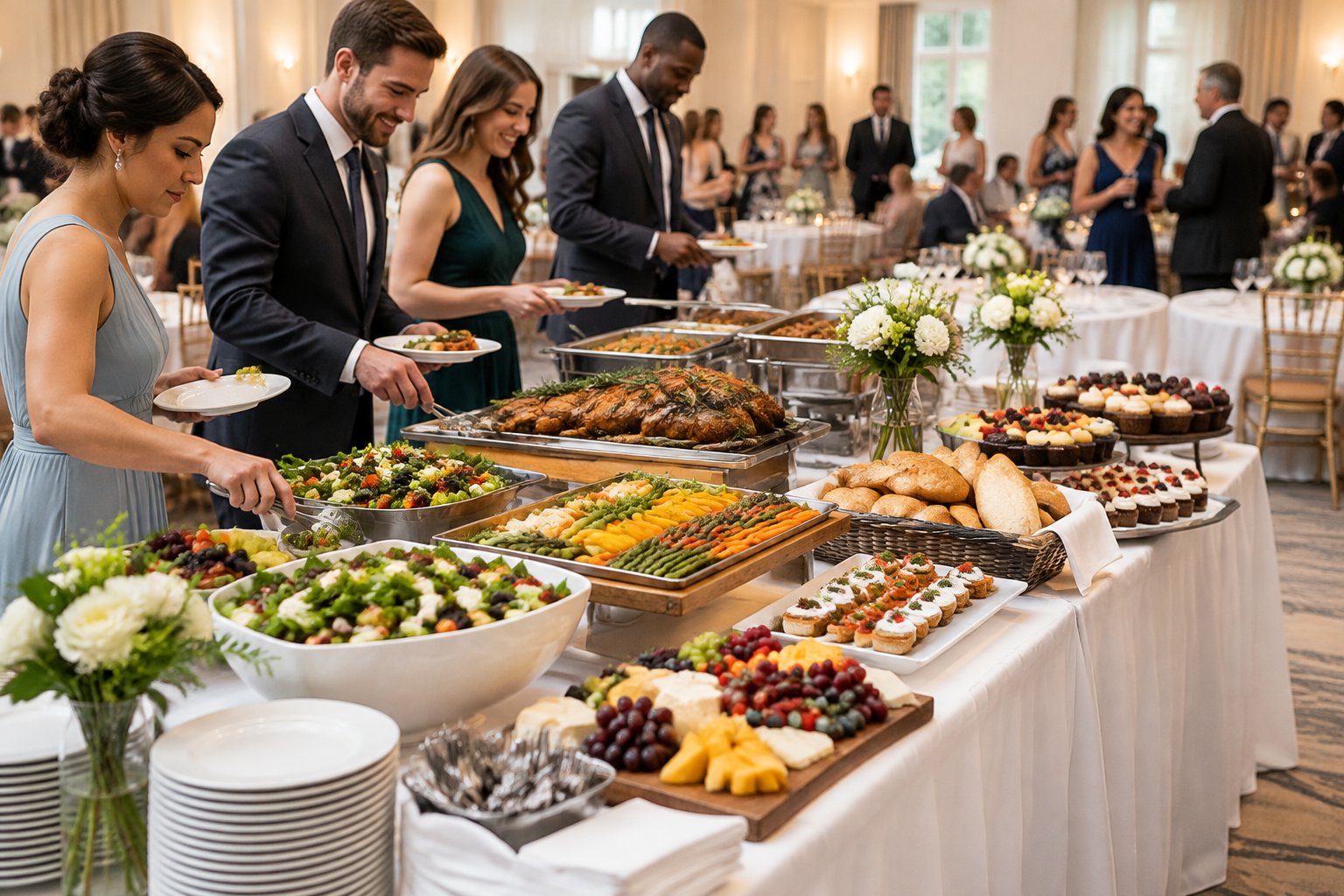 Guests enjoy a wedding reception buffet with assorted food, floral centerpieces, and elegant table settings.