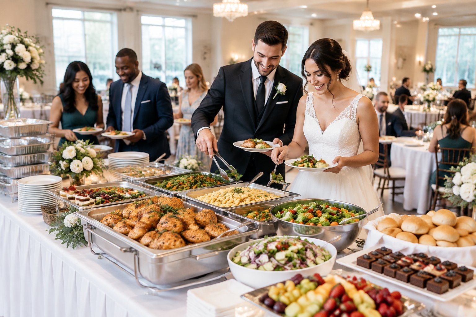 A newlywed couple and guests enjoy a catered buffet at an elegant wedding reception.