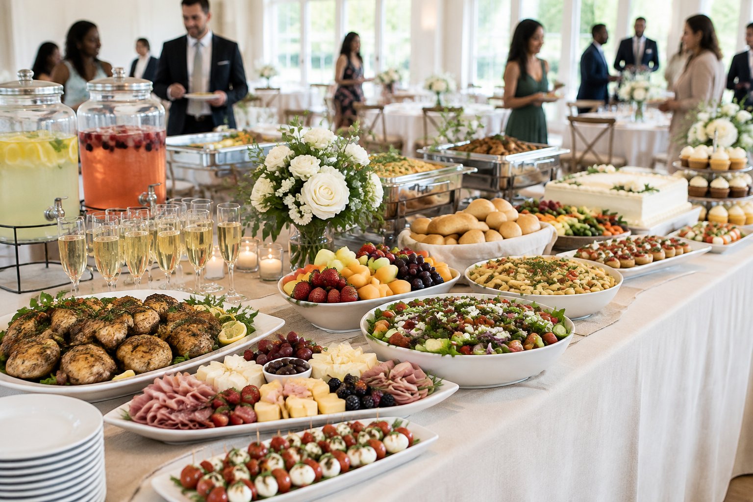 A wedding reception buffet displays a variety of catered dishes, desserts, and drinks for guests.