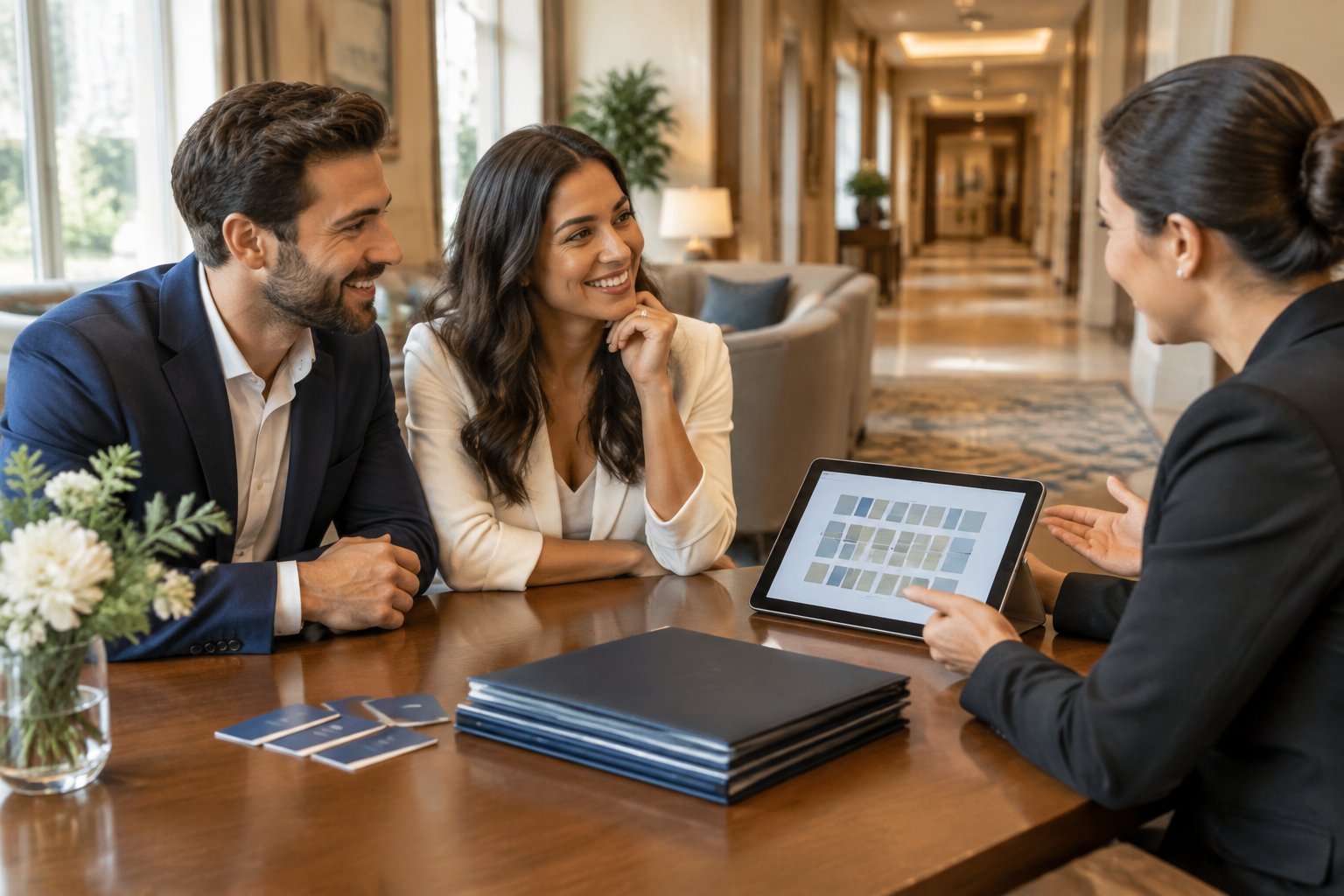 A couple discusses wedding guest hotel accommodations with a hotel events coordinator in an elegant lobby.