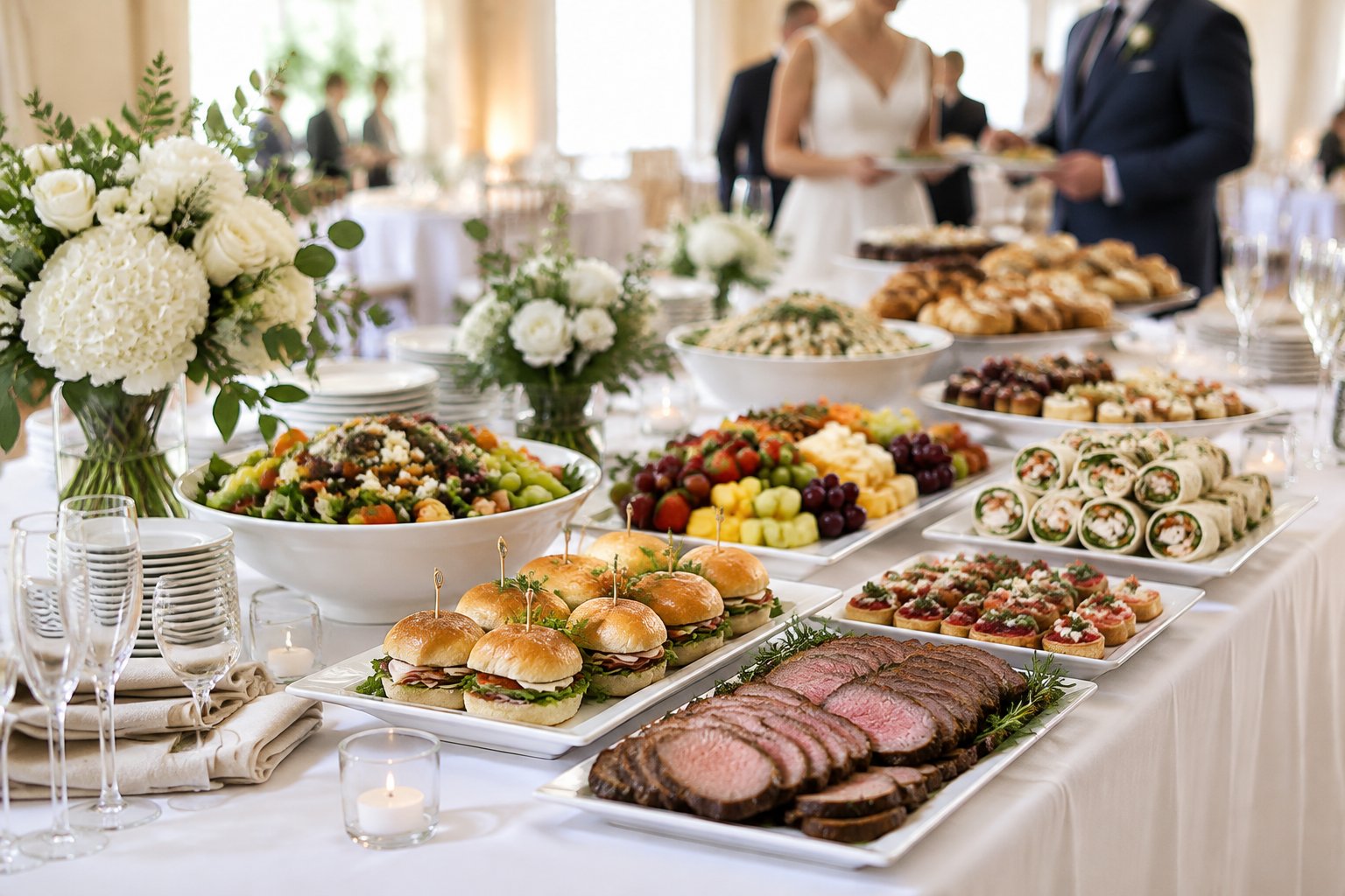 A wedding reception buffet with assorted catered foods, tableware, and simple floral decorations.