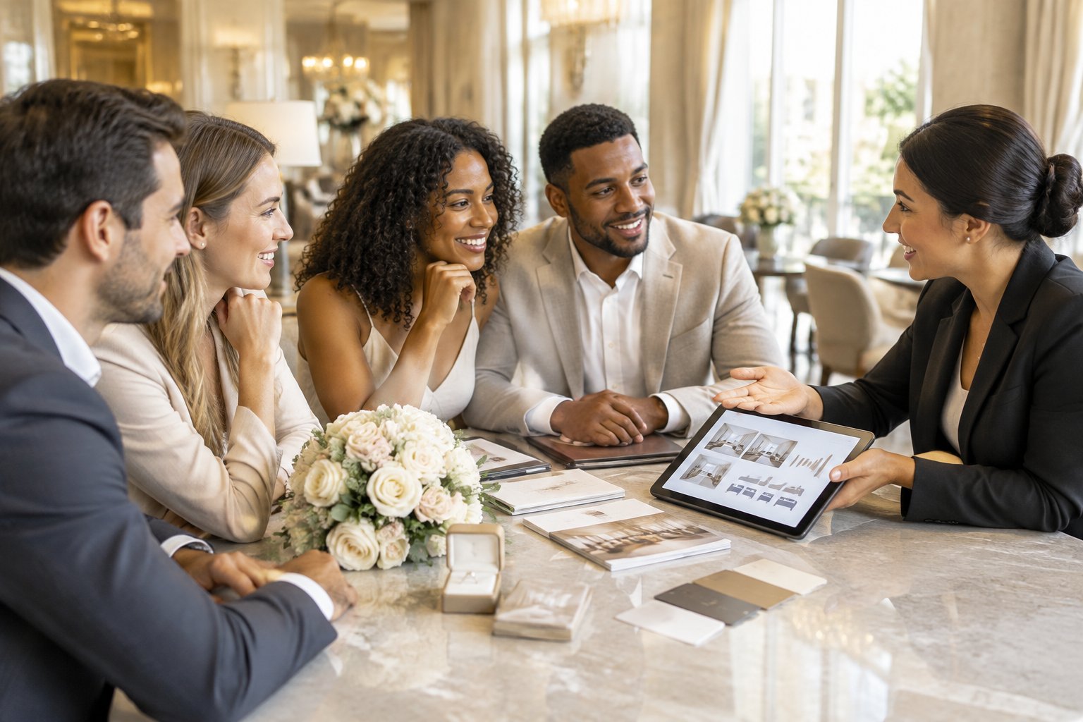 A couple meets with a hotel coordinator to discuss guest accommodations for their wedding.