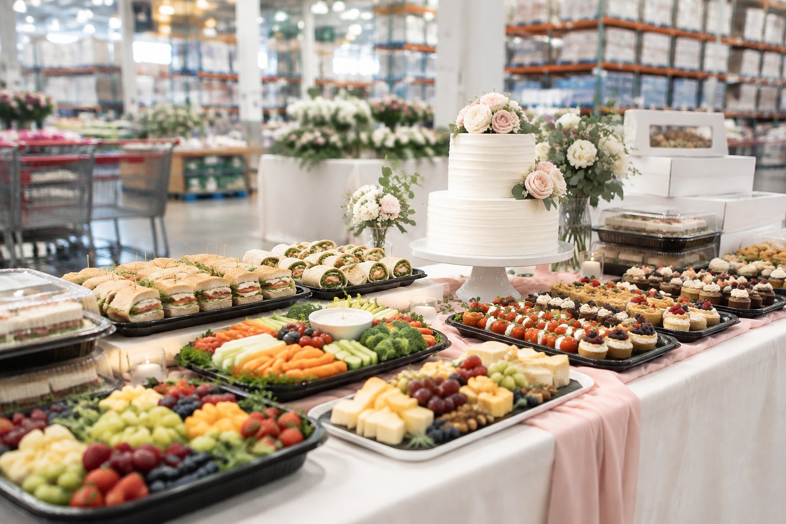 Wedding catering platters, desserts, and a decorated cake arranged on a display table.