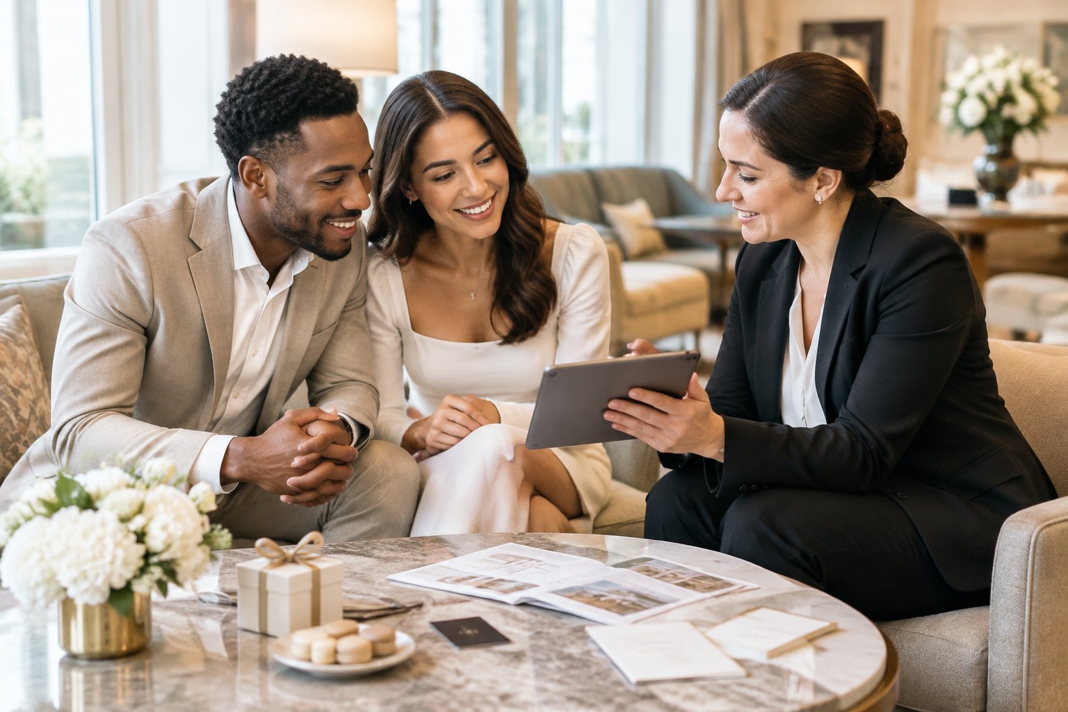 An engaged couple meets with a hotel coordinator to discuss wedding guest accommodations and booking benefits.