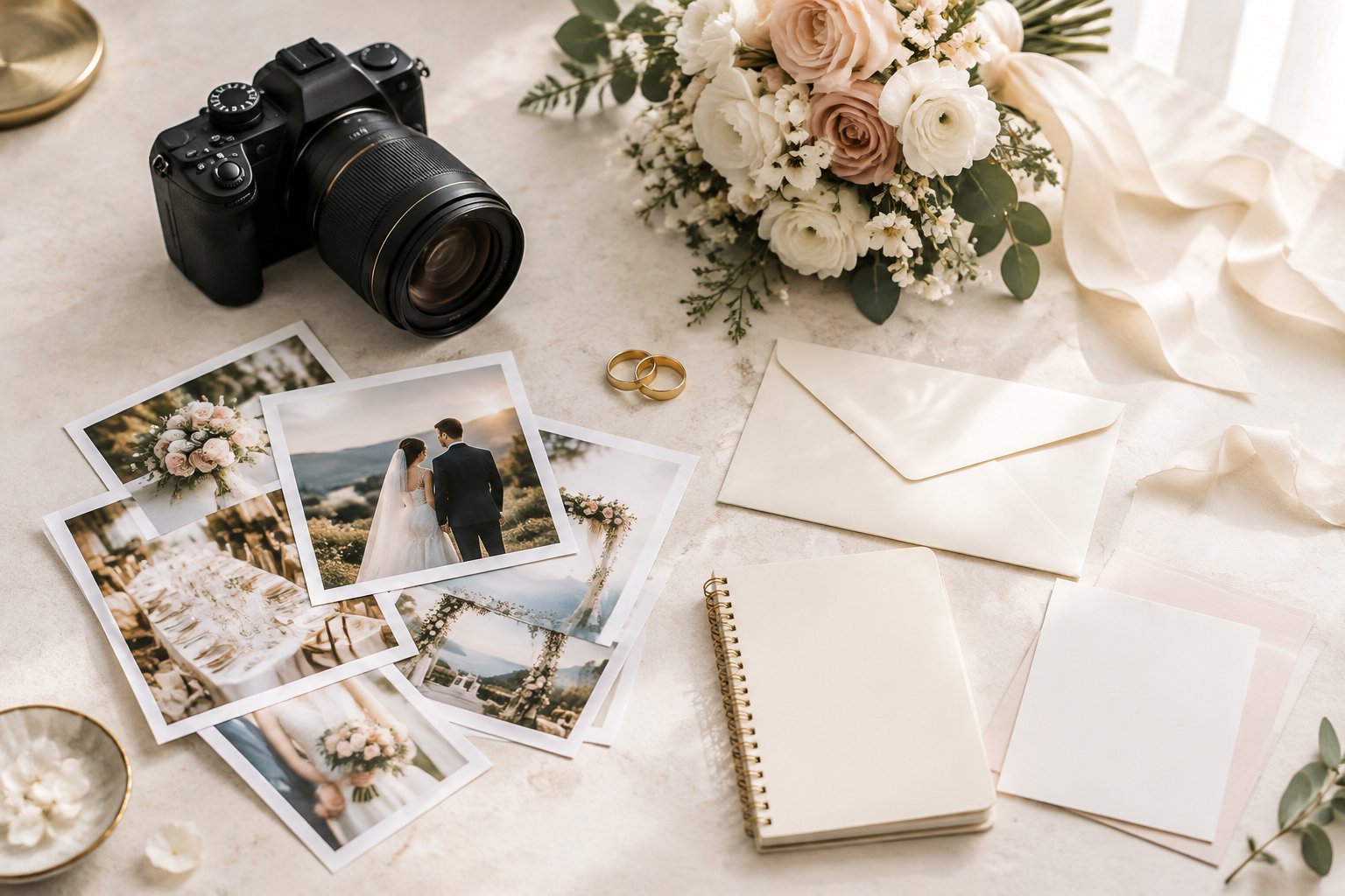 Wedding photography equipment, printed wedding photos, flowers, rings, and blank stationery arranged on an elegant table.