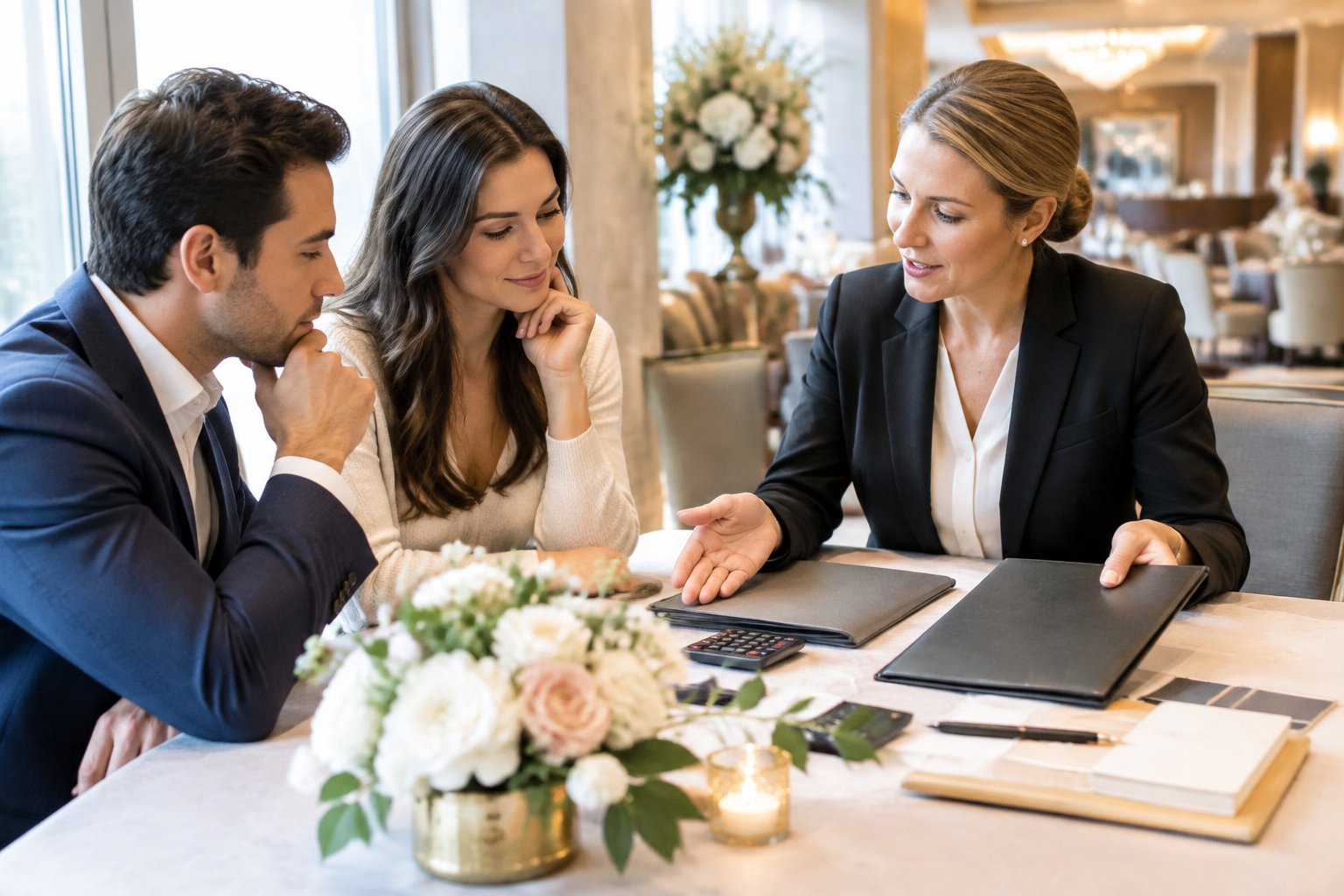 A couple discusses hotel wedding room block options with a hotel manager at a conference table.