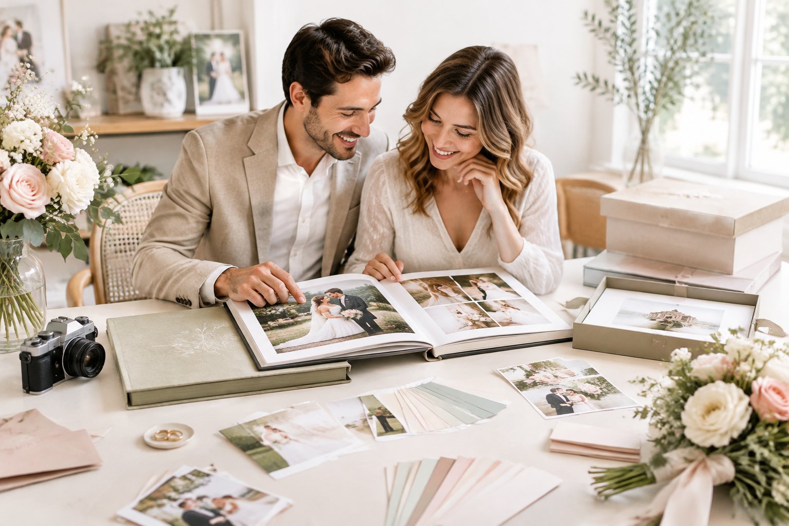 An engaged couple reviews wedding photo albums and photography materials at an elegant table.
