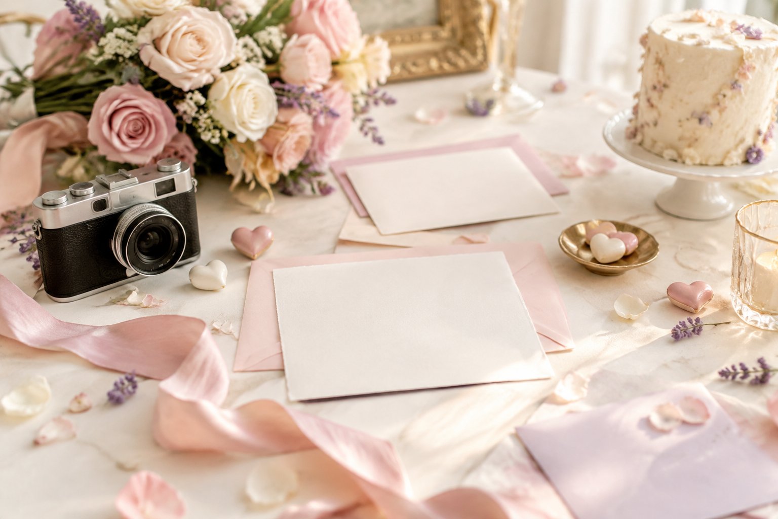 A romantic tabletop arrangement with wedding stationery, flowers, ribbons, a camera, and a small cake.