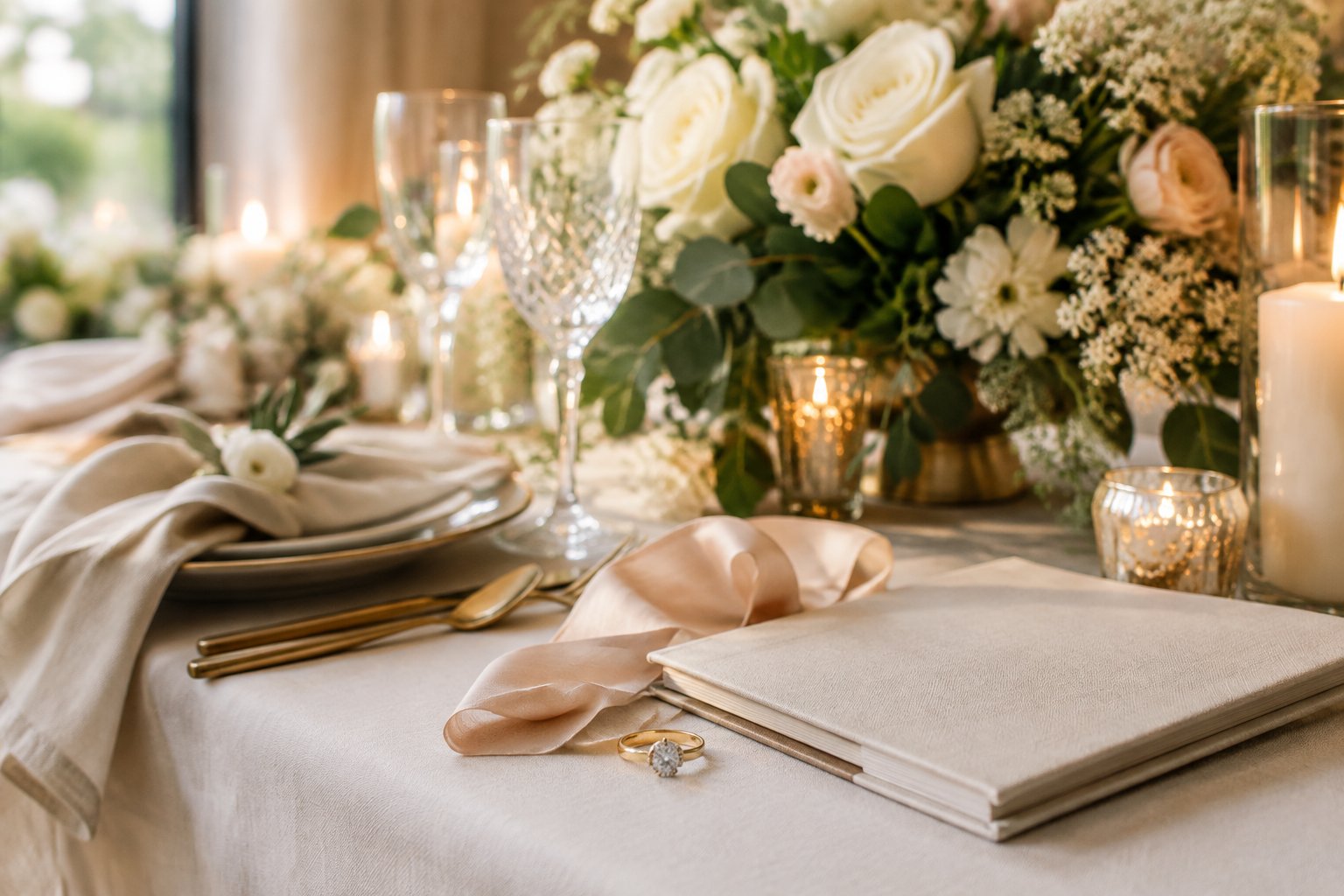 An elegant wedding table setting with white flowers, candles, crystal glassware, and a wedding ring.