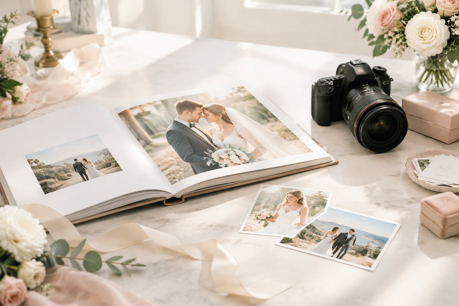 A wedding album, camera, photographs, flowers, and ribbon arranged on a bright elegant table.