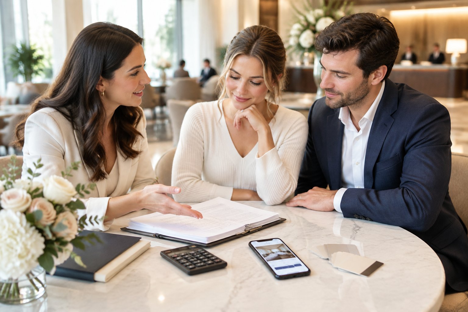 An engaged couple discusses wedding hotel accommodations and payment details with a wedding planner in an elegant hotel lobby.