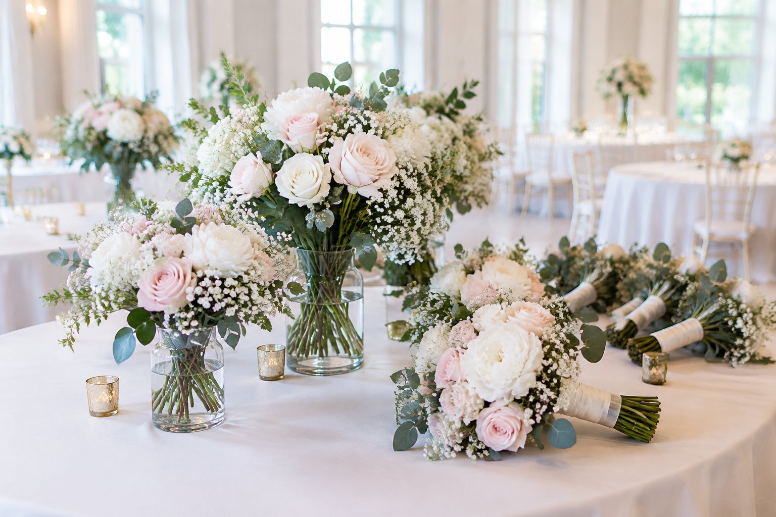 White and blush wedding flowers arranged in vases and a bridal bouquet on a reception table.