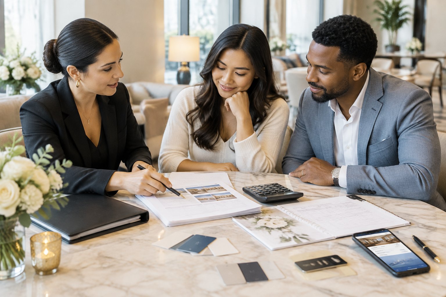 An engaged couple discusses hotel booking arrangements with a wedding planner at a hotel table.