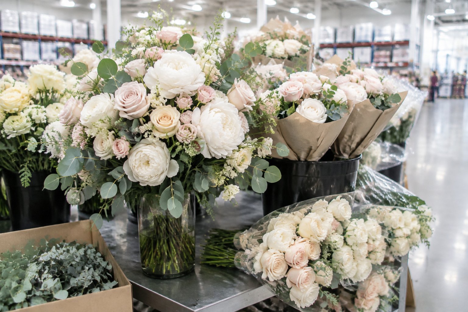 Wedding flower bouquets and floral bundles displayed in a bright retail setting.