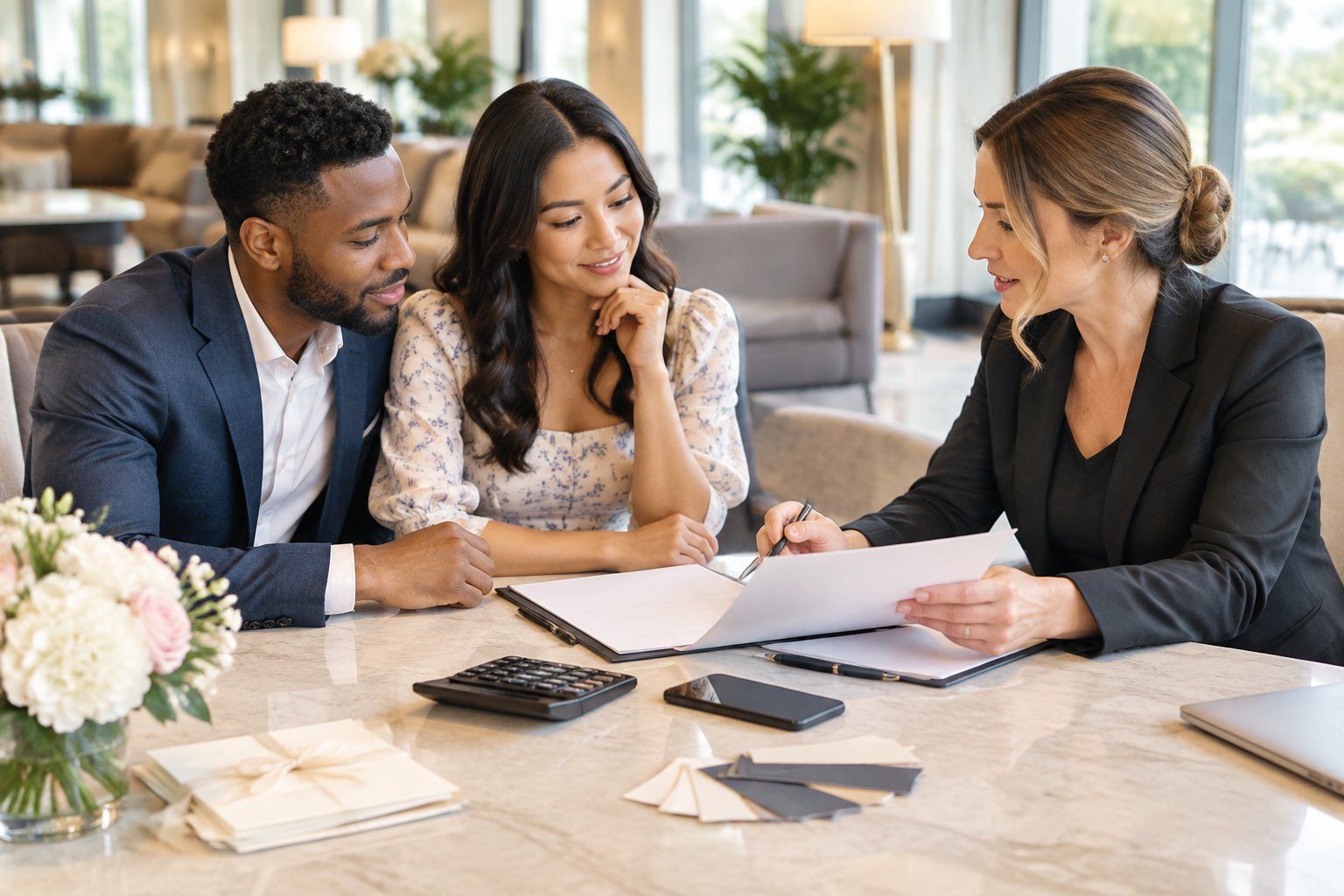 An engaged couple discusses hotel room arrangements with a wedding planner at a hotel table.