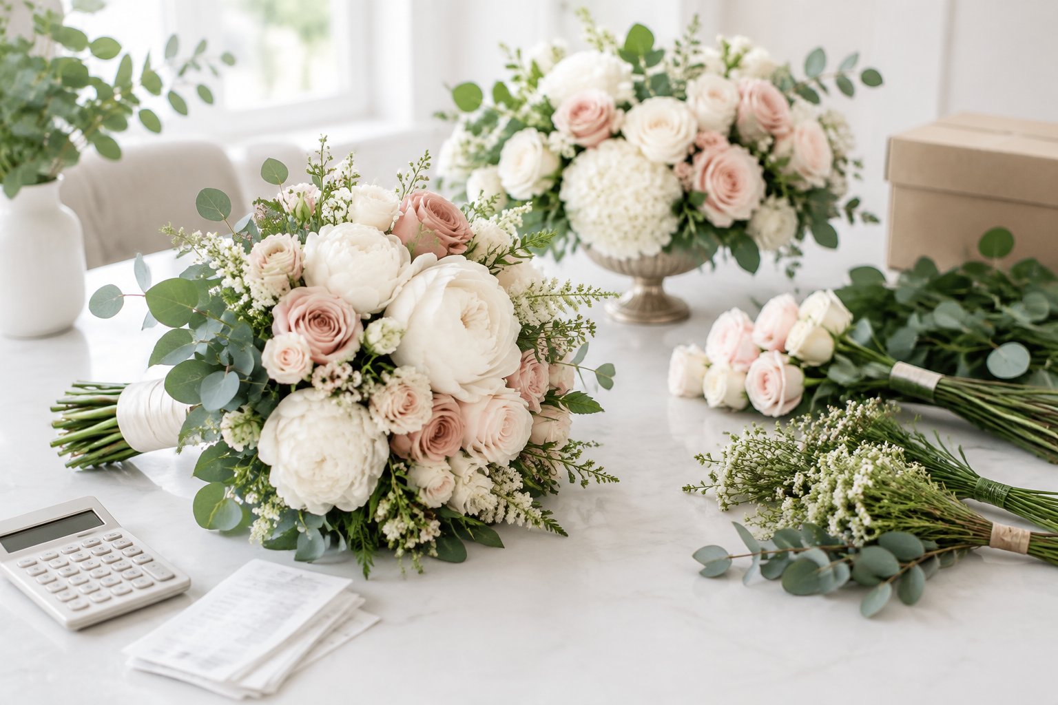 A wedding flower arrangement with a bouquet, centerpiece, calculator, and receipts on a bright tabletop.