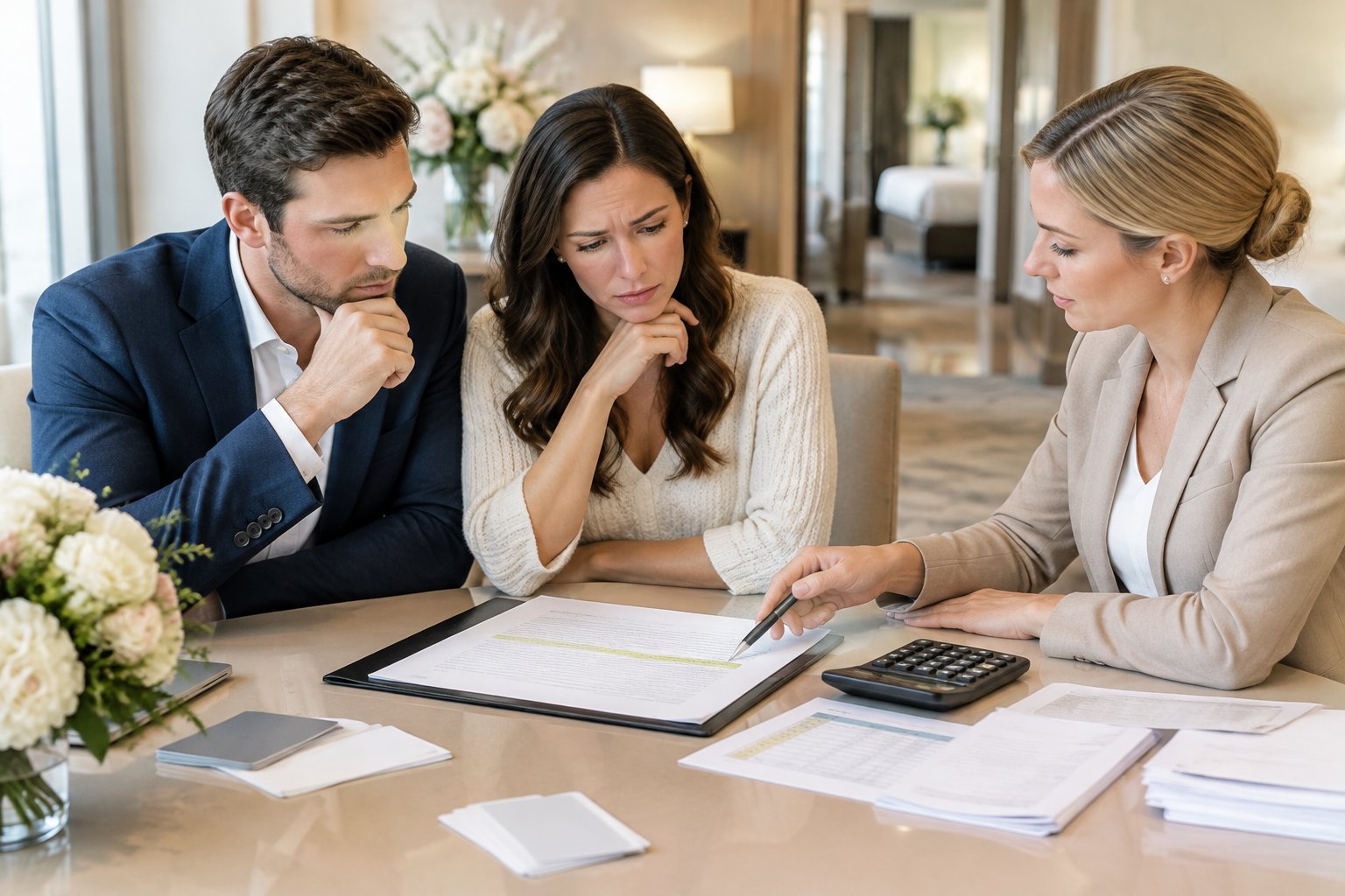 A couple and wedding planner review hotel room-block paperwork, a calculator, and invoices at a meeting table.
