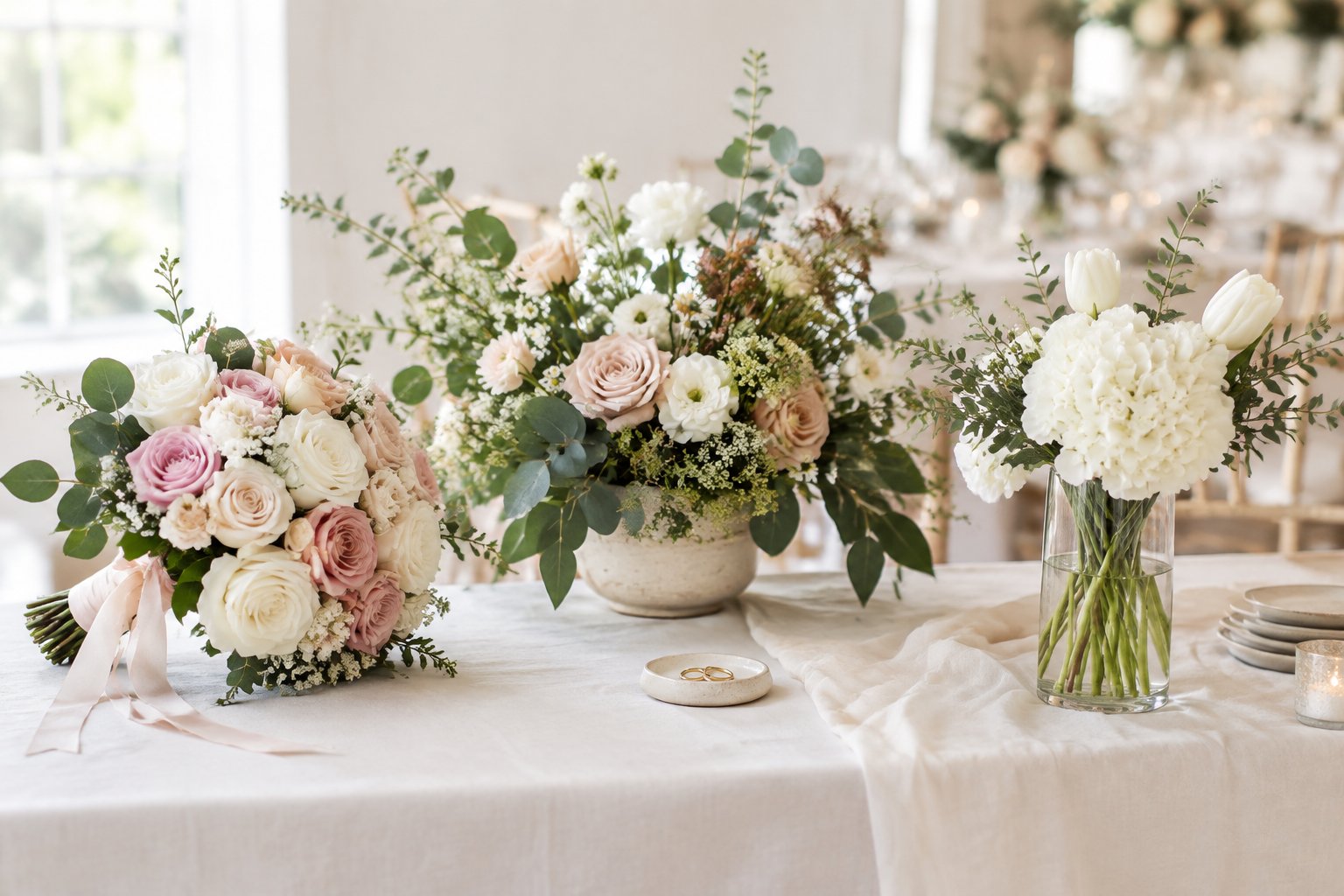 Several wedding flower arrangements in different styles are displayed on a table.
