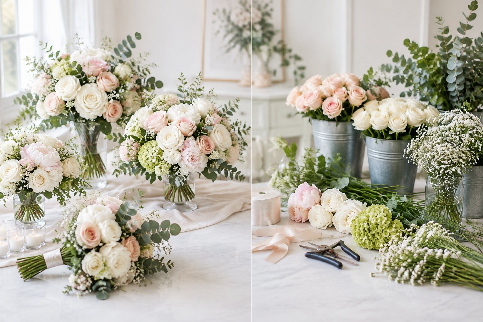 Wedding flowers displayed alongside bulk stems and DIY arranging supplies.