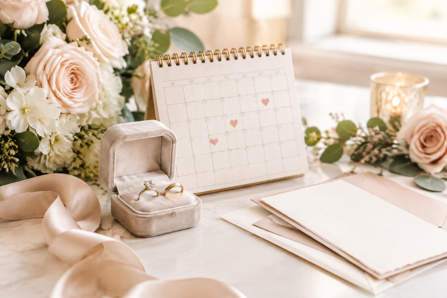 Wedding rings and flowers arranged beside a calendar for an upcoming wedding.