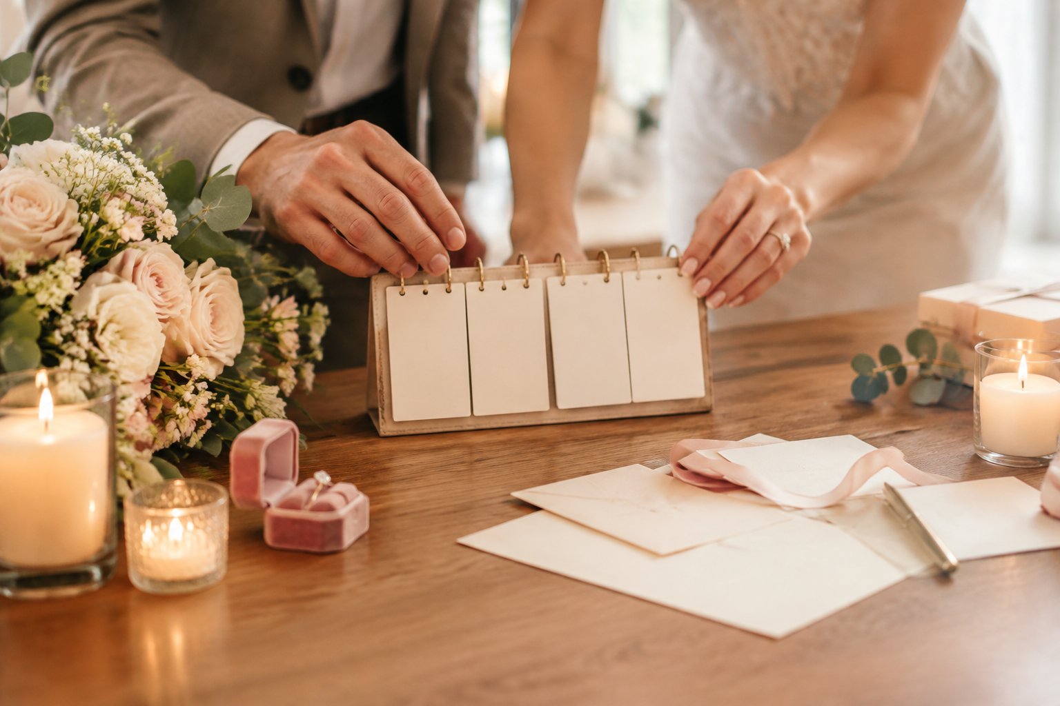 A couple prepares a wedding countdown display among flowers, stationery, and a ring box.