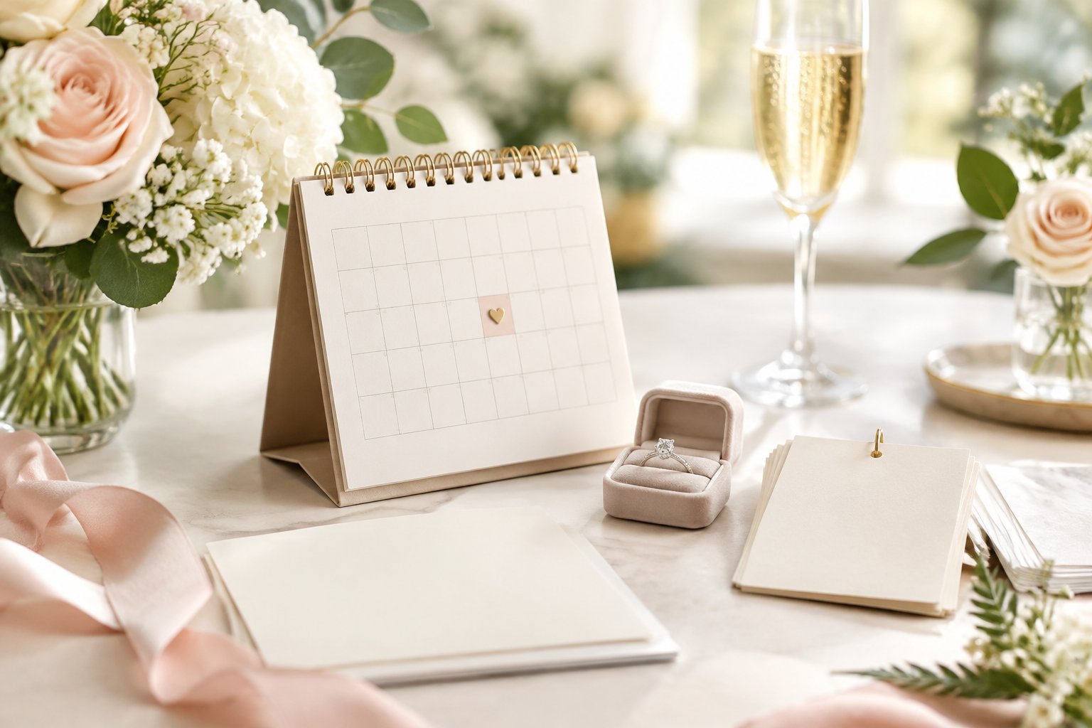 Wedding planning items, flowers, and an engagement ring arranged beside a calendar.