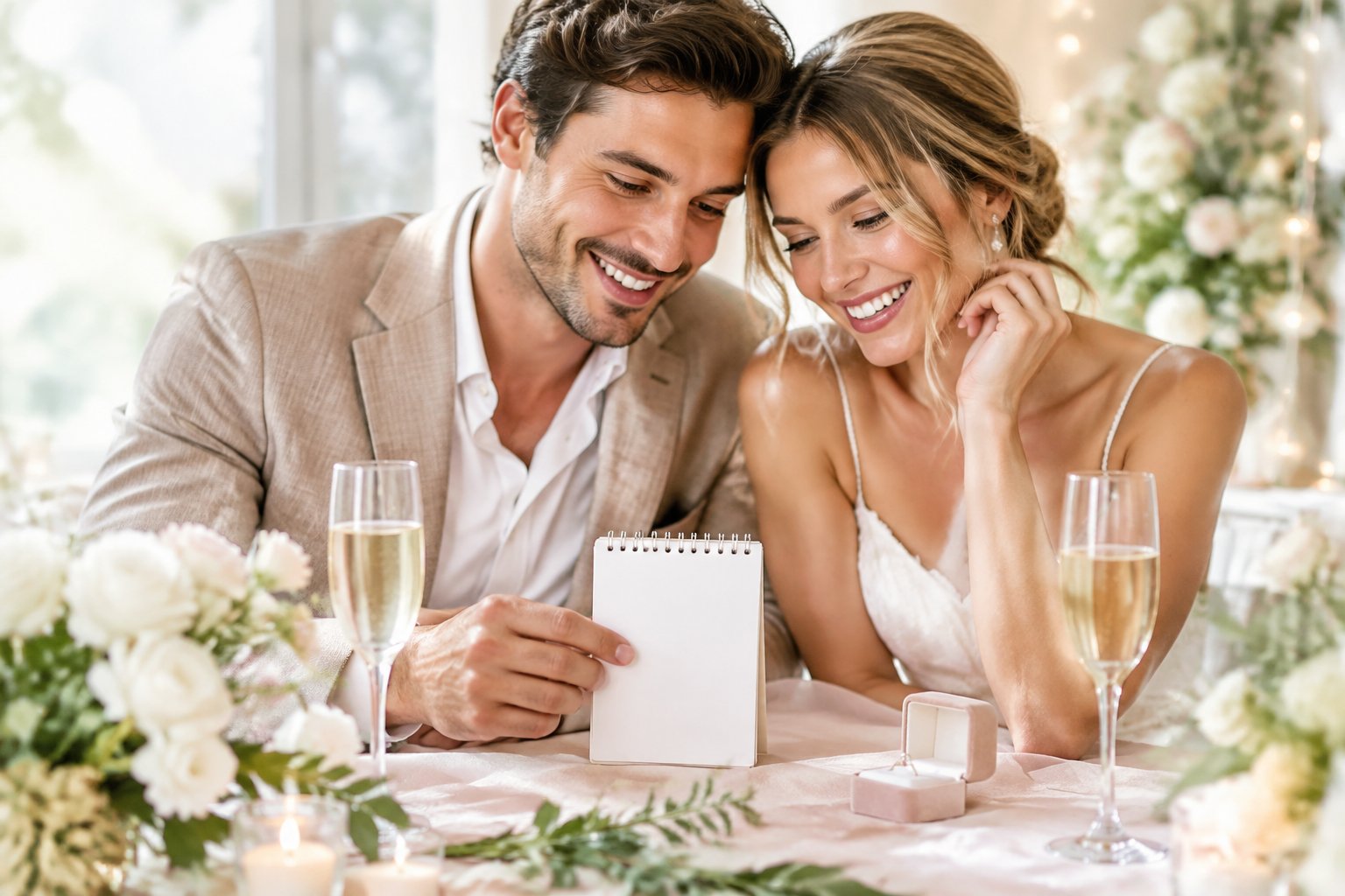A happy couple lovingly counting down to their wedding together at a decorated table.